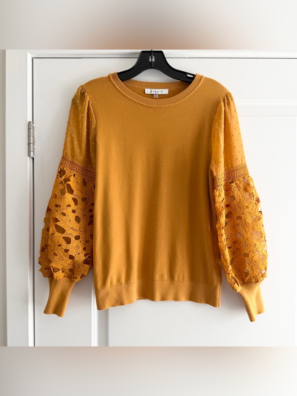 Sioni Mustard Yellow Sweater with Lace Puff Sleeves